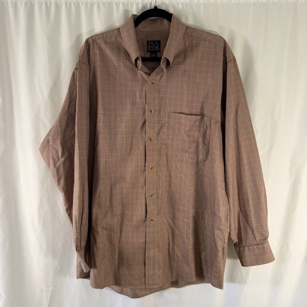 Jos A Bank Travelers Shirt Men's Large Brown Plaid Long Sleeve Button Up Cotton
